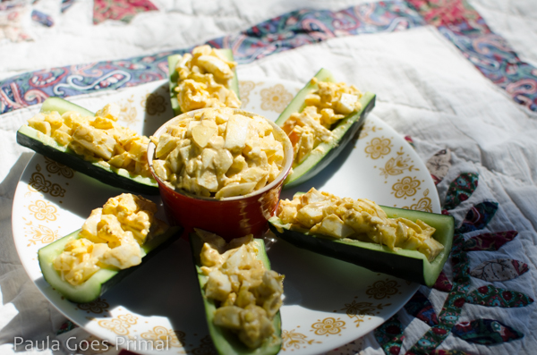 Curried Whole30 Egg Salad in Cucumber Boats